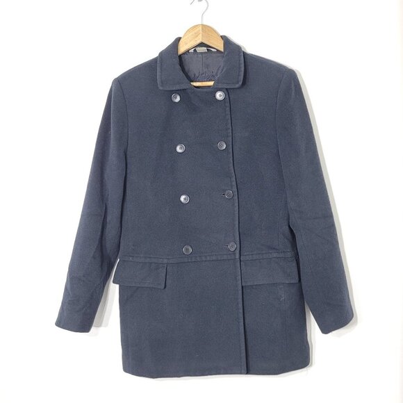 Peter Nygard Dark Navy Blue Double Breasted Pea Coat Flap Wool Blend Pocket 10 - Picture 1 of 11